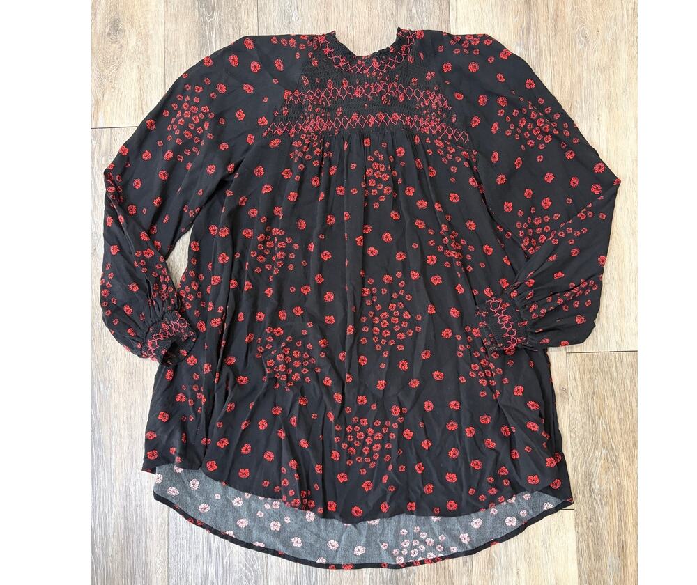 Free People Black Red Floral Blouse Sheer Boho Peasant Top Smocked Romantic